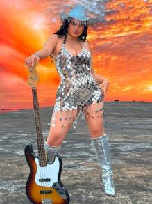 SHEIN SXY 大尺碼女士閃亮露背綁頸連衣裙 - 金色 - 查看 4