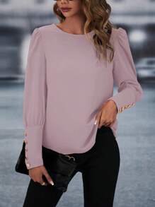 SHEIN Clasi Camisa Casual De Cuello Redondo Con Manga Larga Y Detalle De Botones En La Espalda - Púrpura malva - Ver 3