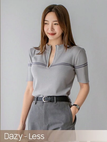 Dazy-Less 商务休闲拼色短袖针织上衣 复古风 夏季