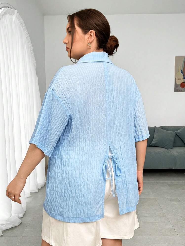 Women's Plus Size Textured Fabric Back Slit Self Tie Blue Shirt
