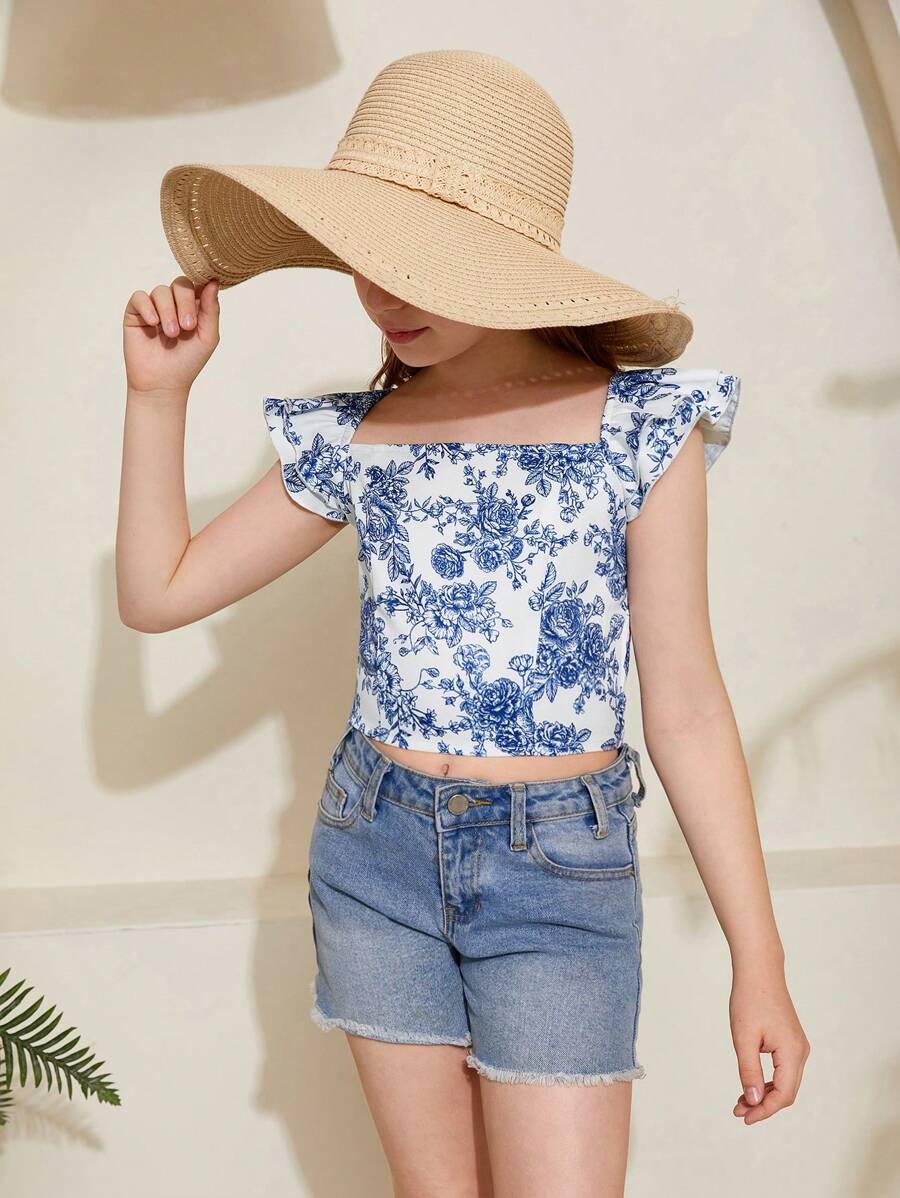 SHEIN 少女花卉編織印花方領荷葉邊休閒襯衫，帶褶飾詳細設計 - 白色 - 查看 1