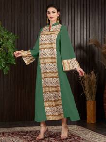 Al Najma Women's Fashionable Printed Patchwork Long Sleeve Arabian Dress