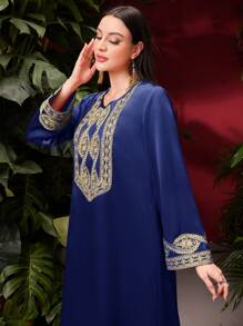 Al Najma 女士花卉刺绣长袖阿拉伯连衣裙 - 藏蓝色 - 查看 3