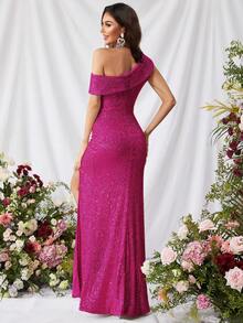 Faeriesty Đầm dạ hội dài lệch vai lấp lánh sang trọng dành cho nữ - Thiết kế xếp ly eo, xẻ tà cao và chất liệu rủ mềm mại | Thích hợp cho các buổi dạ tiệc, tiệc năm mới, sự kiện trang trọng và kỳ nghỉ hè. - Màu Hồng Tươi - Xem 2