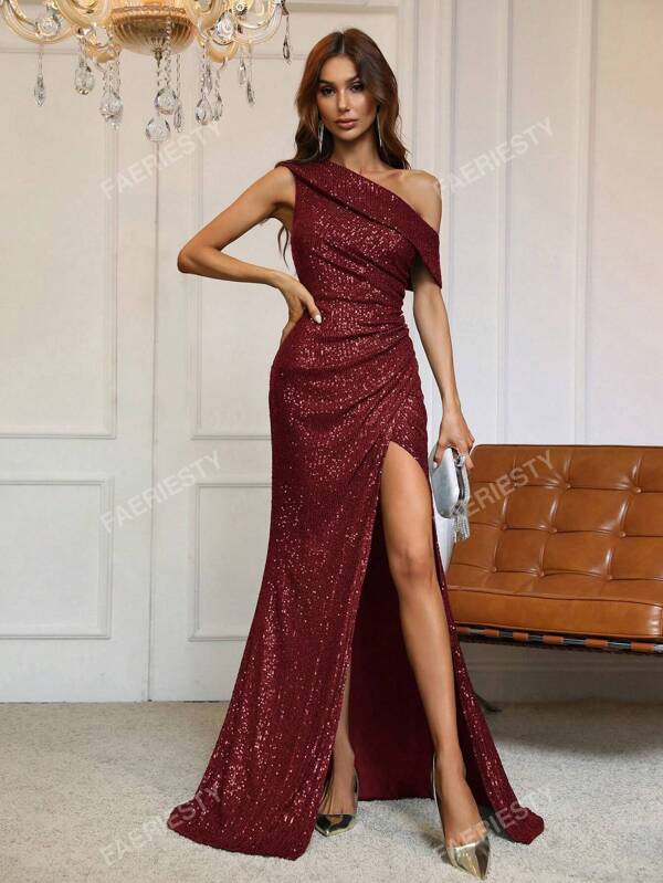 Faeriesty Asymmetrical Neck Ruched Wrap Hem Sequin Prom Dress Party Dress Wedding Guest Dress Formal Dress Evening Dress,Gown