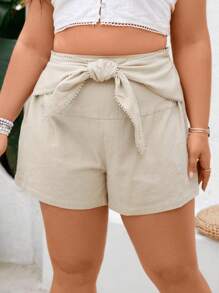 SHEIN VCAY Plus Size Loose Fit Elastic Waist Drawstring Front Mid Rise Shorts For Vacation - Khaki - View 4