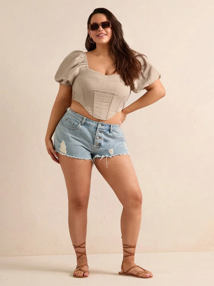 Plus Size Women's Solid Color Rhinestone Collar Puff Sleeve Shirt