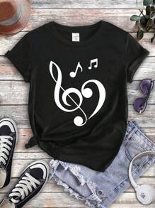 SHEIN Leap Crew Teen Girl Music Festival Casual Short Sleeve T-Shirt With Simple Musical Note Pattern, Summer - Black - View 1