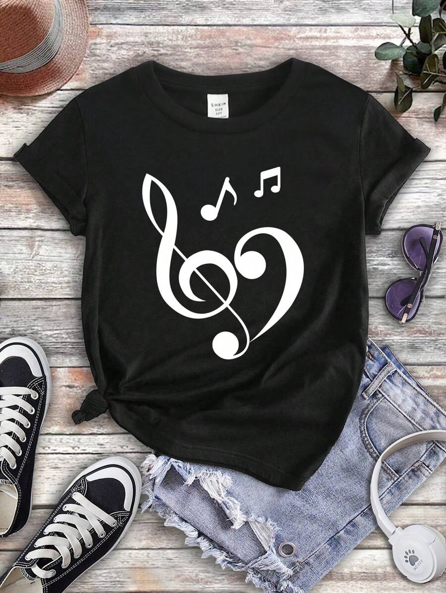 SHEIN Leap Crew Teen Girl Music Festival Casual Short Sleeve T-Shirt With Simple Musical Note Pattern, Summer - Black - View 1