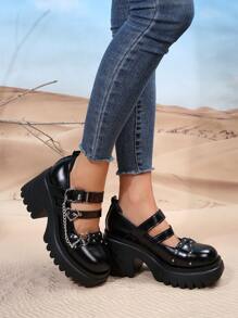 ROMWE Grunge Punk 女士時尚黑色楔形高跟鞋與鍊條裝飾的平台鞋 - 黑色 - 查看 4