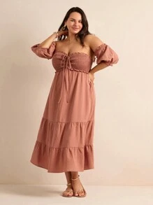 Forever 21 大碼露肩泡泡袖束口褶皺胸前氣泡裙 - 銅色 - 查看 5