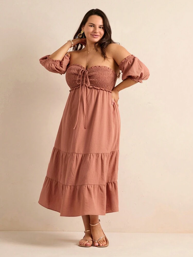 Plus Size Off Shoulder Puff Sleeve Drawstring Ruched Bust Bubble Hem Dress