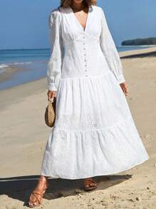 RueChic White Embroidery Dress - White - View 6