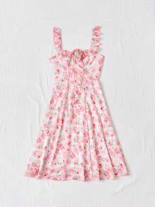 Soleia Women's Casual Vacation Rose Print Fitted Sleeveless Dress With 3D Flower Decorations, Spring/Summer