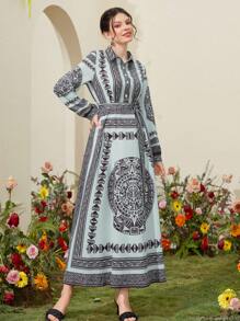 Seusyu Women's Geometric Pattern Long Sleeve Dress Fall Cloth For Women - Multicolor - View 3