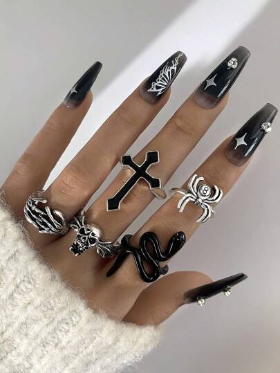 Goth 5pcs/Set Vintage Alloy Cross, Snake, And Skull Design Dripping Oil Ring Set For Women As Party Gifts (Artificial Oil Dripping Colors May Vary Slightly Between Batches)