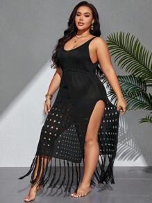 Swim Lushoire Summer Beach Plus Size Solid Color Drawstring Waist Hollow Out High Split Tassel Cover-Up