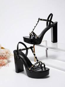 女性高跟厚跟涼鞋,鉚釘和防水平台 - 黑色 - 查看 2