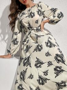 Modelyn Flower Print Belted Arabic Long Dress Long Evening Dresses - Multicolor - View 6