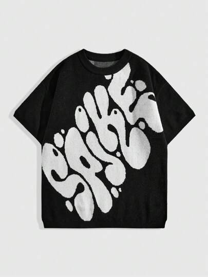 Street Life Parte superior de punto de manga corta con patrón de letras y cuello redondo para hombre, escolar