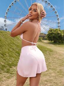 Swim EVENT 女士纯色吊带比基尼套装 3 件套，比基尼套装海滩泳装泳衣音乐节夏季海滩 - 粉色 - 查看 2