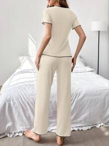 2 cái/bộ Xoay eo Cổ chữ V Ngắn tay Áo Và Quần chân thẳng Nhà  Mặc - Màu be - Xem 2
