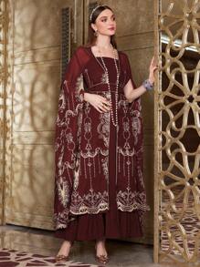 Al Najma Burgundy Red Embroidered Split Sleeve Jacket And Cami Dress 2pcs Set Kaftan Jalabiya Dress - Burgundy - View 3