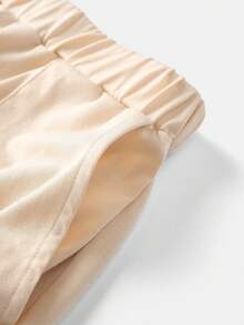 SHEIN Bộ áo thun cổ tròn họa tiết chữ Tween Loose Fit + quần short - Màu Khaki - Xem 4