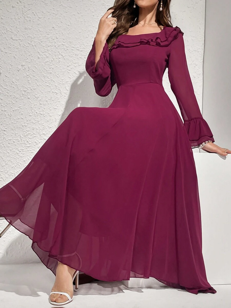 Modelyn 纯色荷叶边装饰腰带连衣裙,优雅晚会礼服,新年服装长款晚礼服 - 紅色 - 查看 1