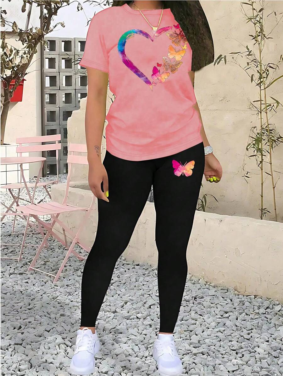 INAWLY Heart And Butterfly Printed Short Sleeve Top And Pants Romantic 2 Pieces Set For Valentine's Day