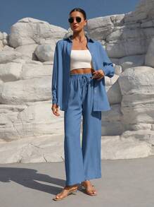 SHEIN Clasi Solid Color Button Down Long Sleeve Shirt And Wide Leg Pants - Blue - View 4