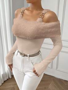 SHEIN Privé Áo thun dài tay hở vai bồng bềnh có chi tiết kim loại cho nữ - Màu Khaki - Xem 4