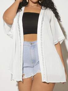 SHEIN CURVE+ Plus Size Women'S Spring Break White Cardigan Lace Patchwork Batwing Sleeve Solid Open Front Kimono Robe Summer Cardigan Beach Women Outfits - White - View 4
