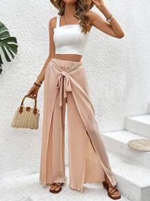 Breezaya 女款綁帶褶裥寬褲 - 杏色 - 查看 6