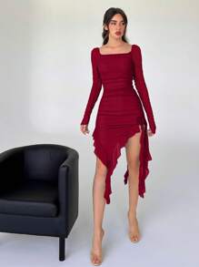 Aloruh Vestido De Manga Larga Con Cuello Cuadrado Para Mujer Con Pliegues Y Dobladillo Asimétrico