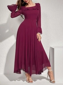 Modelyn 纯色荷叶边装饰腰带连衣裙，优雅晚会礼服，新年服装长款晚礼服 - 紅色 - 查看 3