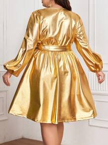 SHEIN Clasi Plus Size Metallic V-Neck Lantern Sleeve Dress - Gold - View 2
