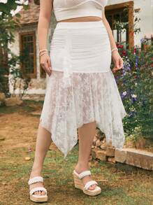 Dreamara Kích thước lớn Của phụ nữ Ren Viền không đối xứng Váy - trắng - Xem 7