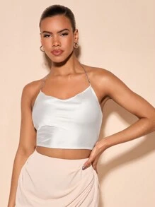 SHEIN BAE Satin Shirred Back Halter Top - Apricot - View 4