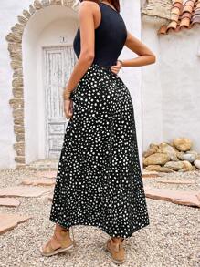 Breezaya Sleeveless Polka Dot Splicing Printed Dress Maxi Vacation Beach Outfits Women - Black - View 2
