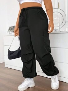 Flirla Kích thước lớn Đơn giản Đen Eo dây rút Làm việc Quần - màu đen - Xem 7