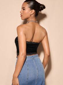 SHEIN BAE Ruched Bust Contrast Lace Bandana Velvet Top - Black - View 2
