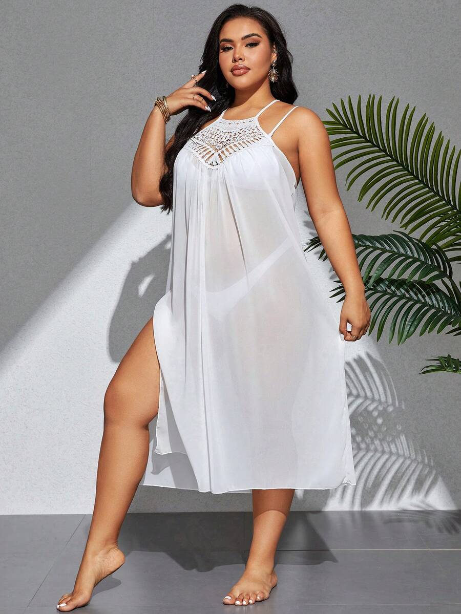 SHEIN Swim Curve Plus Size Women's Lace Crochet Cover Up Halter Dress