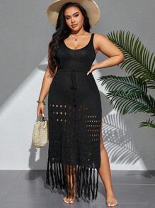 Swim Lushoire Summer Beach Plus Size Solid Color Drawstring Waist Hollow Out High Split Tassel Cover-Up