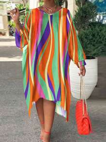 Slaydiva 大码度假风格宽松印花连衣裙，骄傲月彩虹设计 - 彩色 - 查看 1