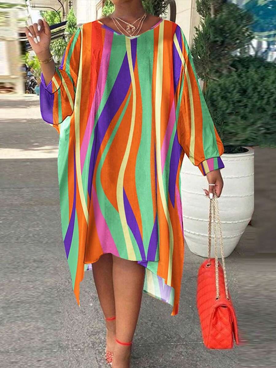 Slaydiva 大码度假风格宽松印花连衣裙，骄傲月彩虹设计 - 彩色 - 查看 1