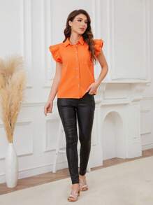 SHEIN LUNE Einfarbiges Top aus Jeansgewebe mit ausgefranstem Kappenärmel - Orange - Übersicht 1