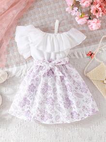 SHEIN Young Girl Fashionable Ruffle Edge Top And Floral Print Skirt Set For Summer - Multicolor - View 6