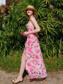 Vestido sin mangas con abertura alta y estampado floral en todo el vestido, adecuado para vacaciones de verano en color rosa - Rosa - Ver 6