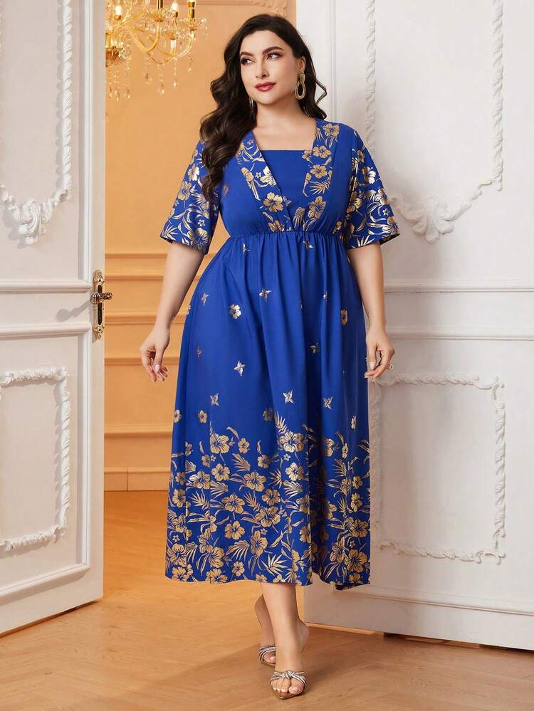Plus Size Golden Floral Printed Short Sleeve Dress
